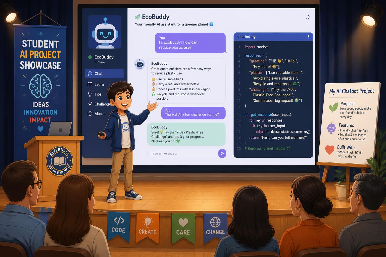 Student presenting their AI chatbot project on stage