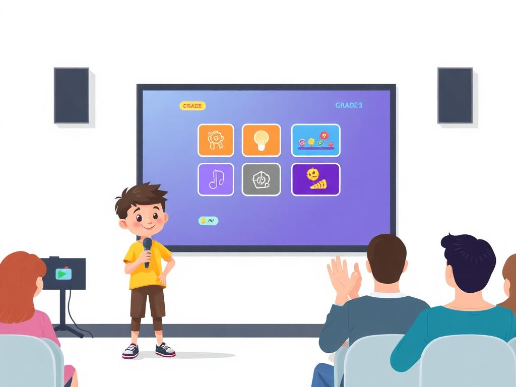 Student presenting their arcade app on stage